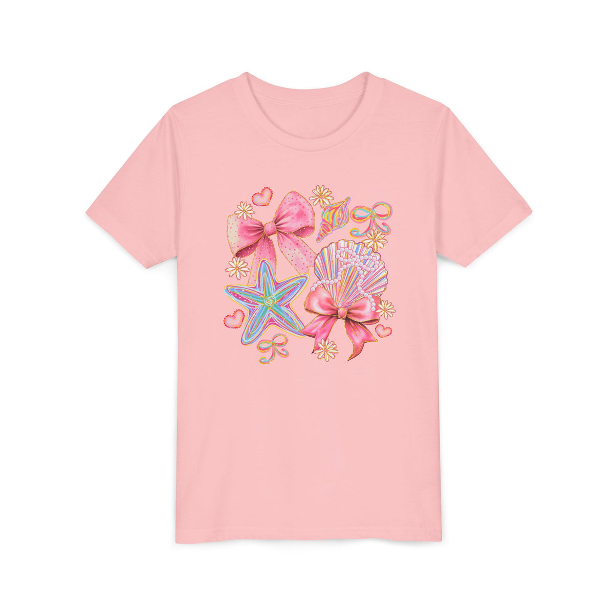 Kids Tee — Pink Seashells & Bows Beach Graphic