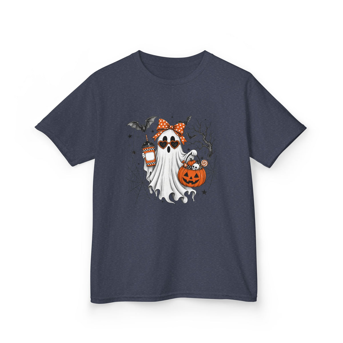 Kids Halloween Ghost Tee – Cute Pumpkin, Bat & Spiderweb Trick-or-Treat Design