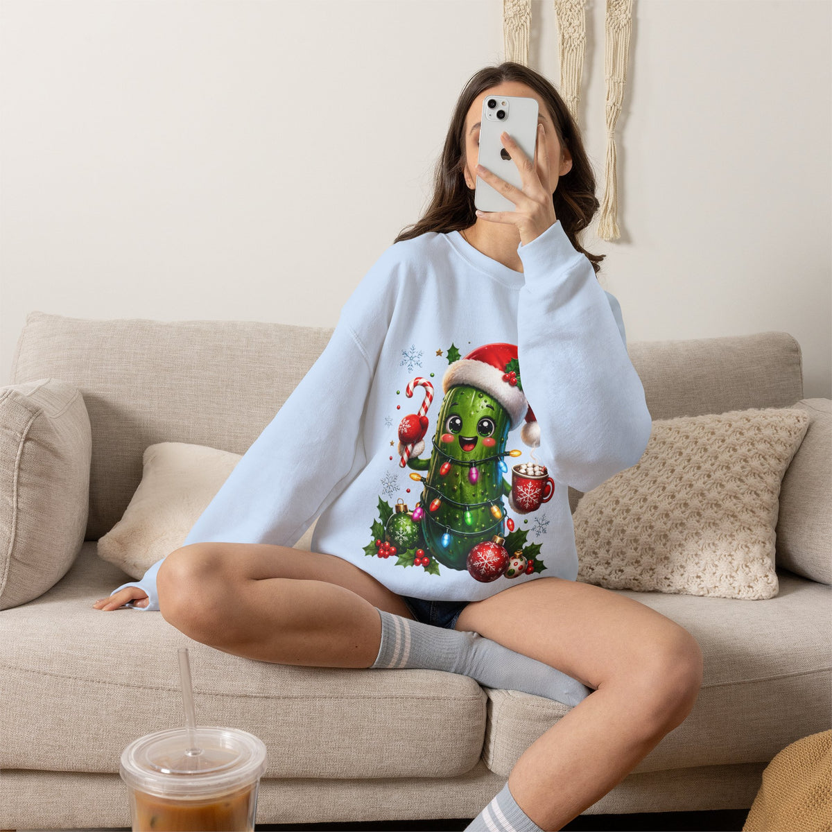 Christmas Pickle Sweatshirt – Cute Santa Hat Pickle with Candy Cane & Hot Cocoa