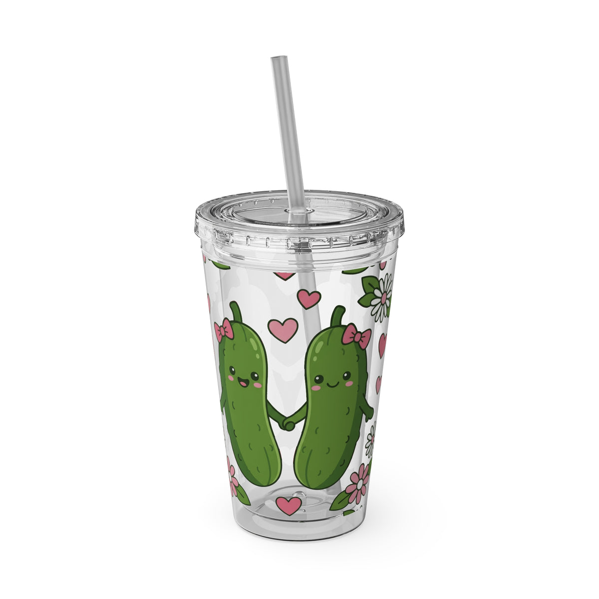Full Wrap - Cute Pickle Love 16oz Tumbler with Straw — Floral Heart Kawaii Drink Cup