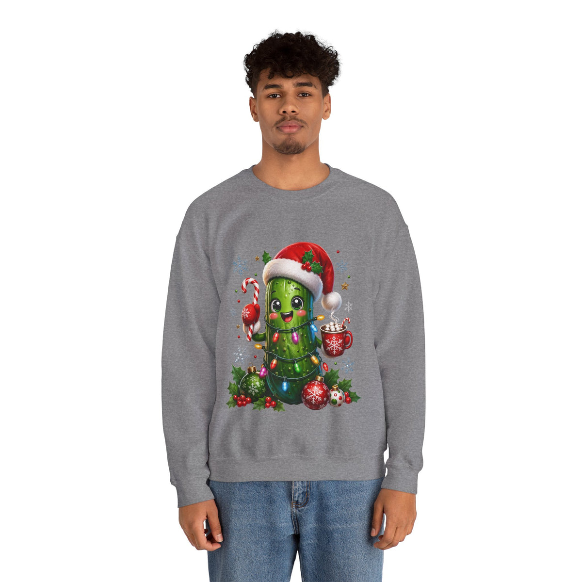 Christmas Pickle Sweatshirt – Cute Santa Hat Pickle with Candy Cane & Hot Cocoa