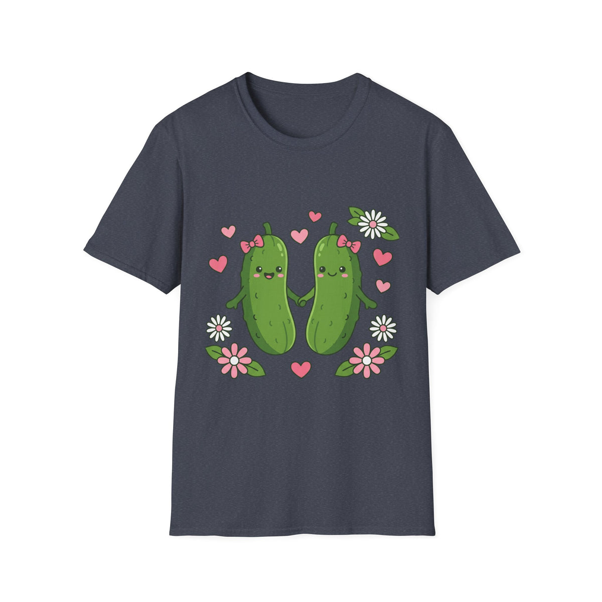 Cute Pickle Couple T-Shirt — Kawaii Matching Pickles with Hearts & Flowers