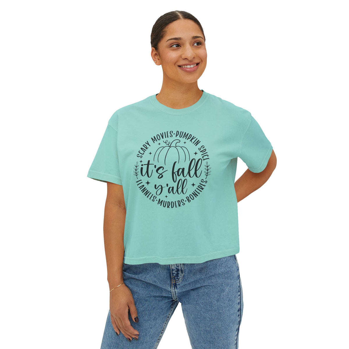 Fall Vibes Boxy Tee — "It's Fall Y'all" Pumpkin Graphic