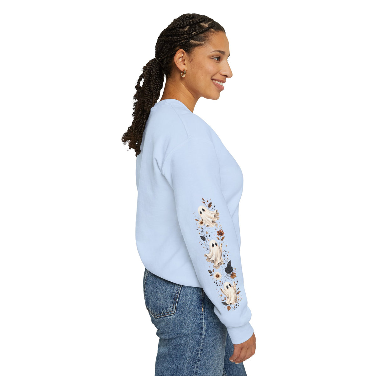 Ghost & Sunflower Crewneck Sweatshirt — Spooky Autumn Floral Pullover