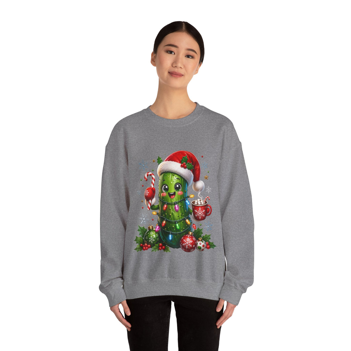 Christmas Pickle Sweatshirt – Cute Santa Hat Pickle with Candy Cane & Hot Cocoa