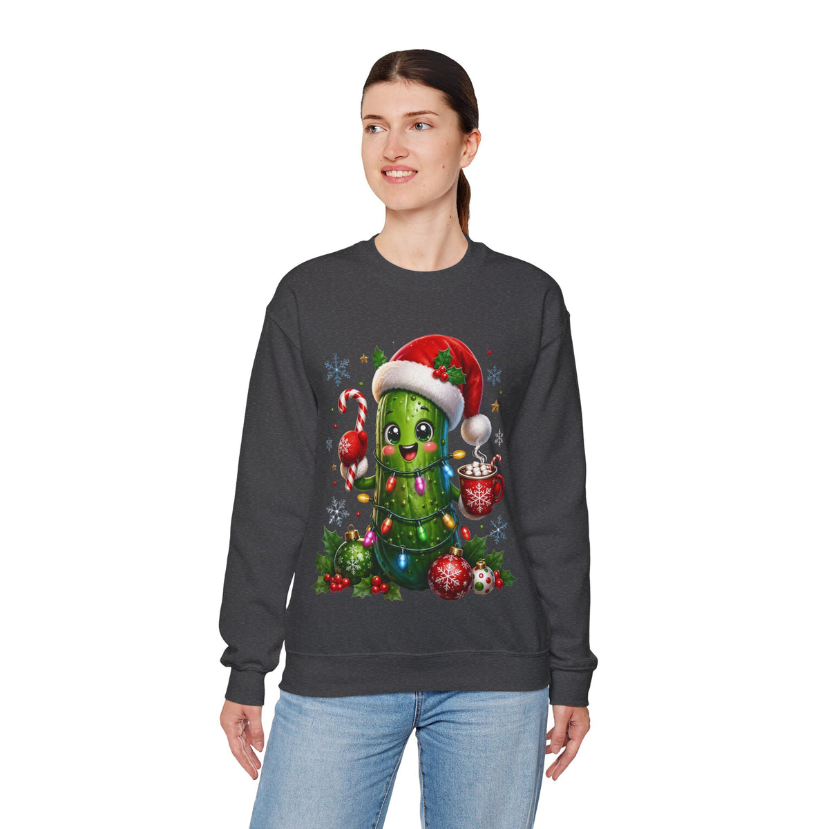 MD - Christmas Pickle Sweatshirt – Cute Holiday Pickle in Santa Hat with Candy Cane & Hot Cocoa