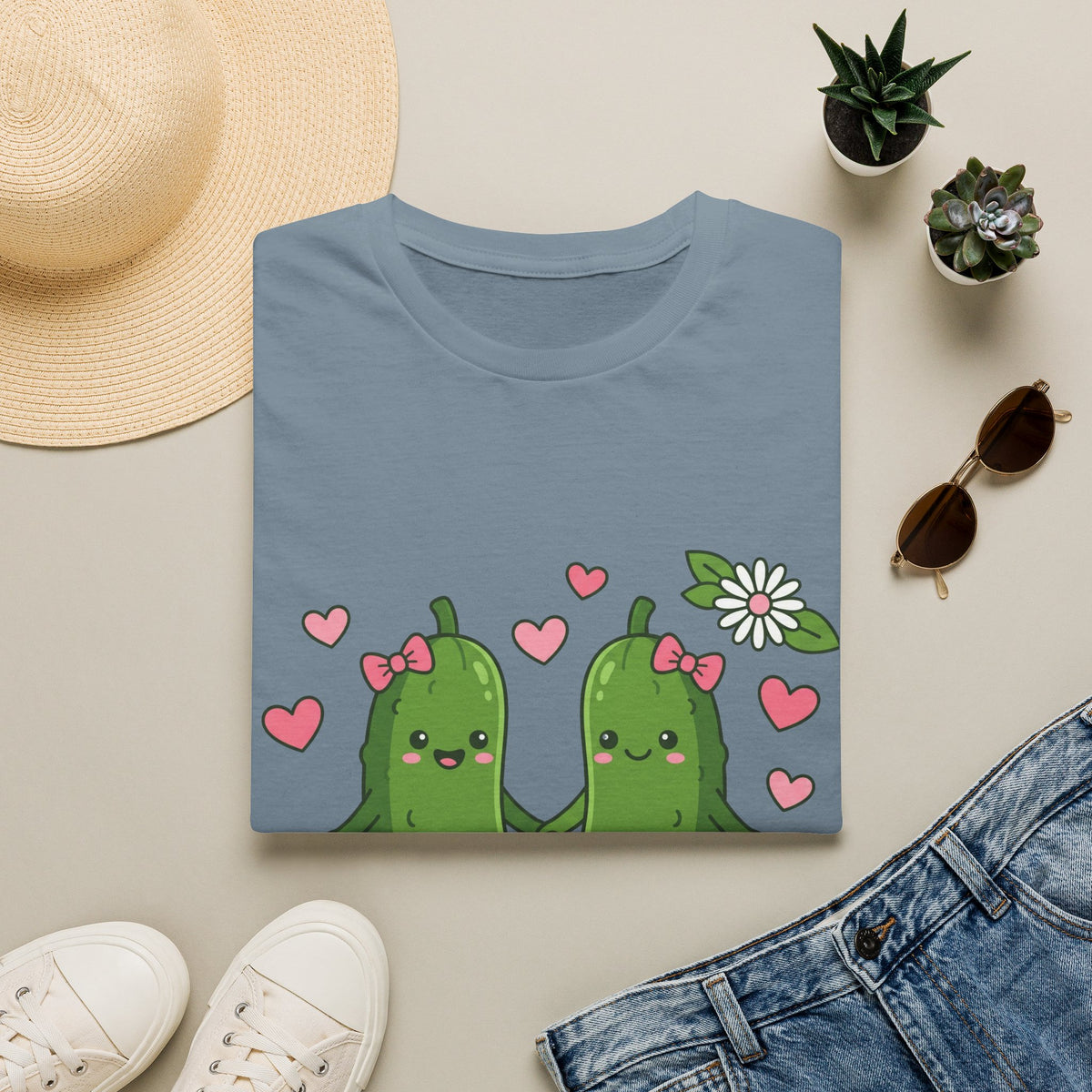 Cute Pickle Couple T-Shirt — Kawaii Matching Pickles with Hearts & Flowers