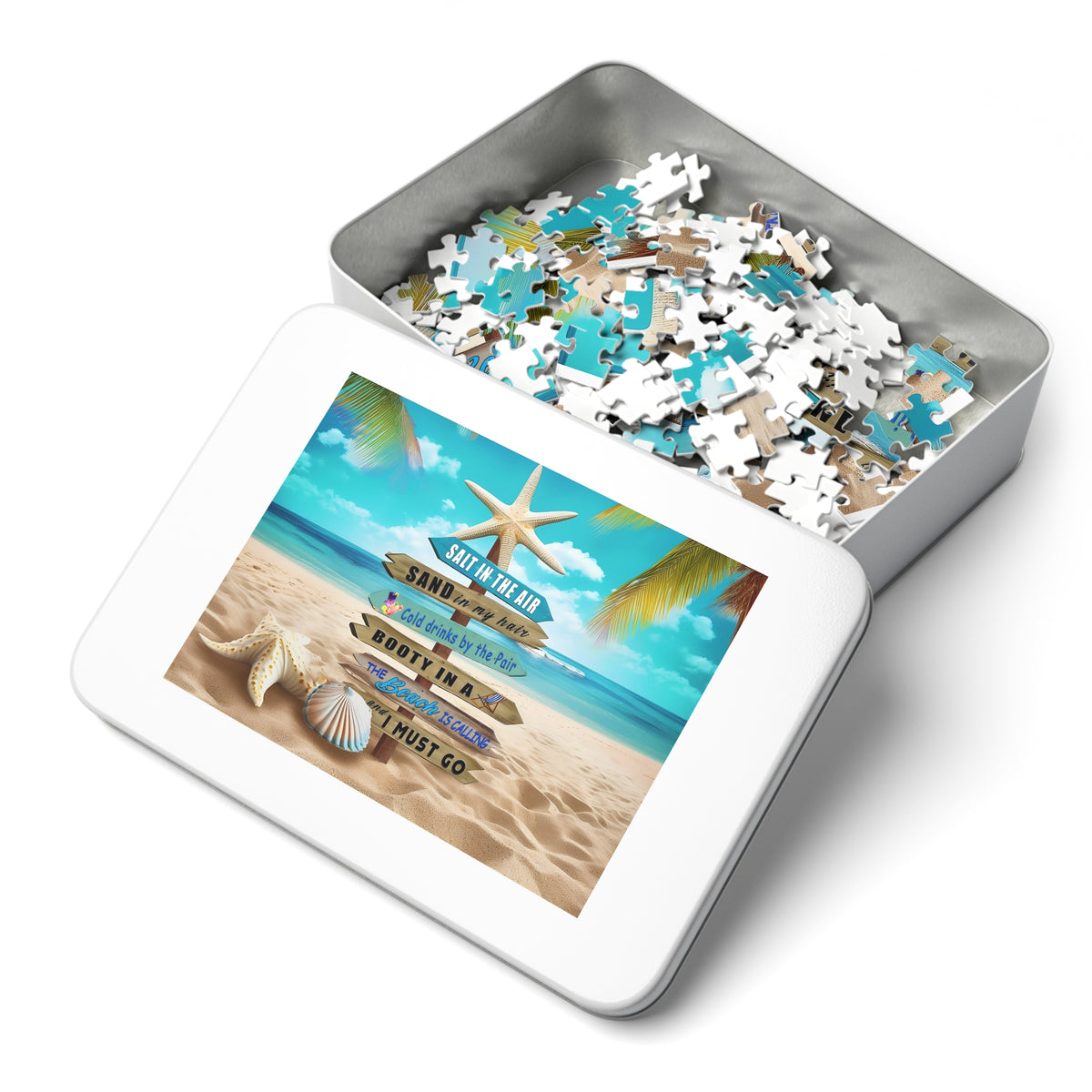 Beach Signpost Jigsaw Puzzle with Tin — 'Salt in the Air, Sand in My Hair' Seaside Puzzle Gift