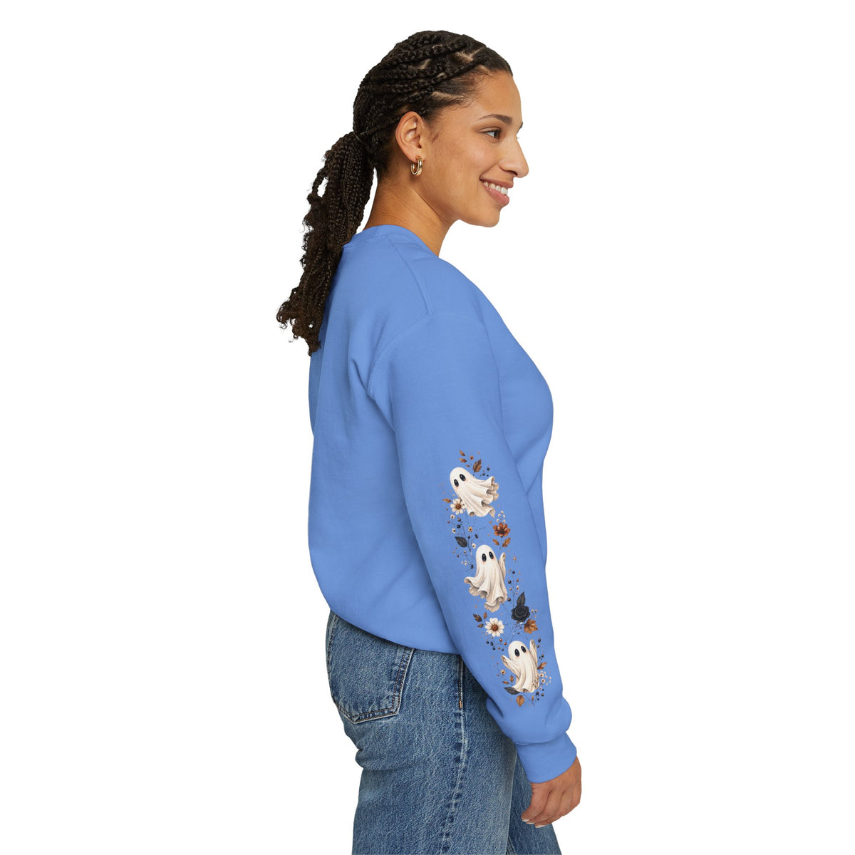 Ghost & Sunflower Crewneck Sweatshirt — Spooky Autumn Floral Pullover