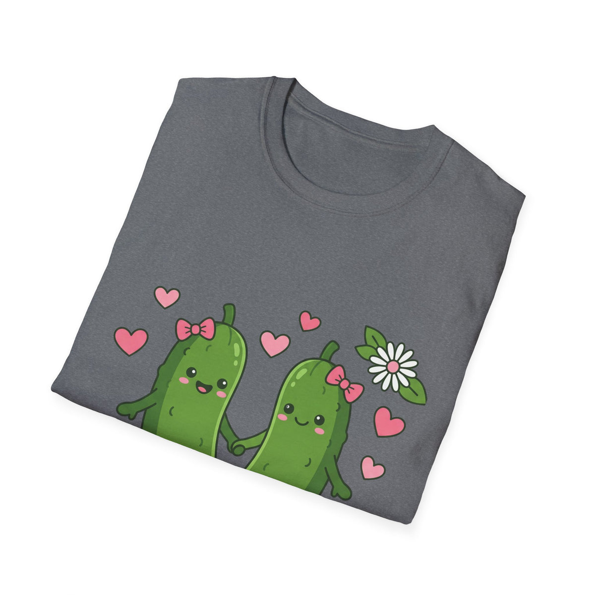 Cute Pickle Couple T-Shirt — Kawaii Matching Pickles with Hearts & Flowers