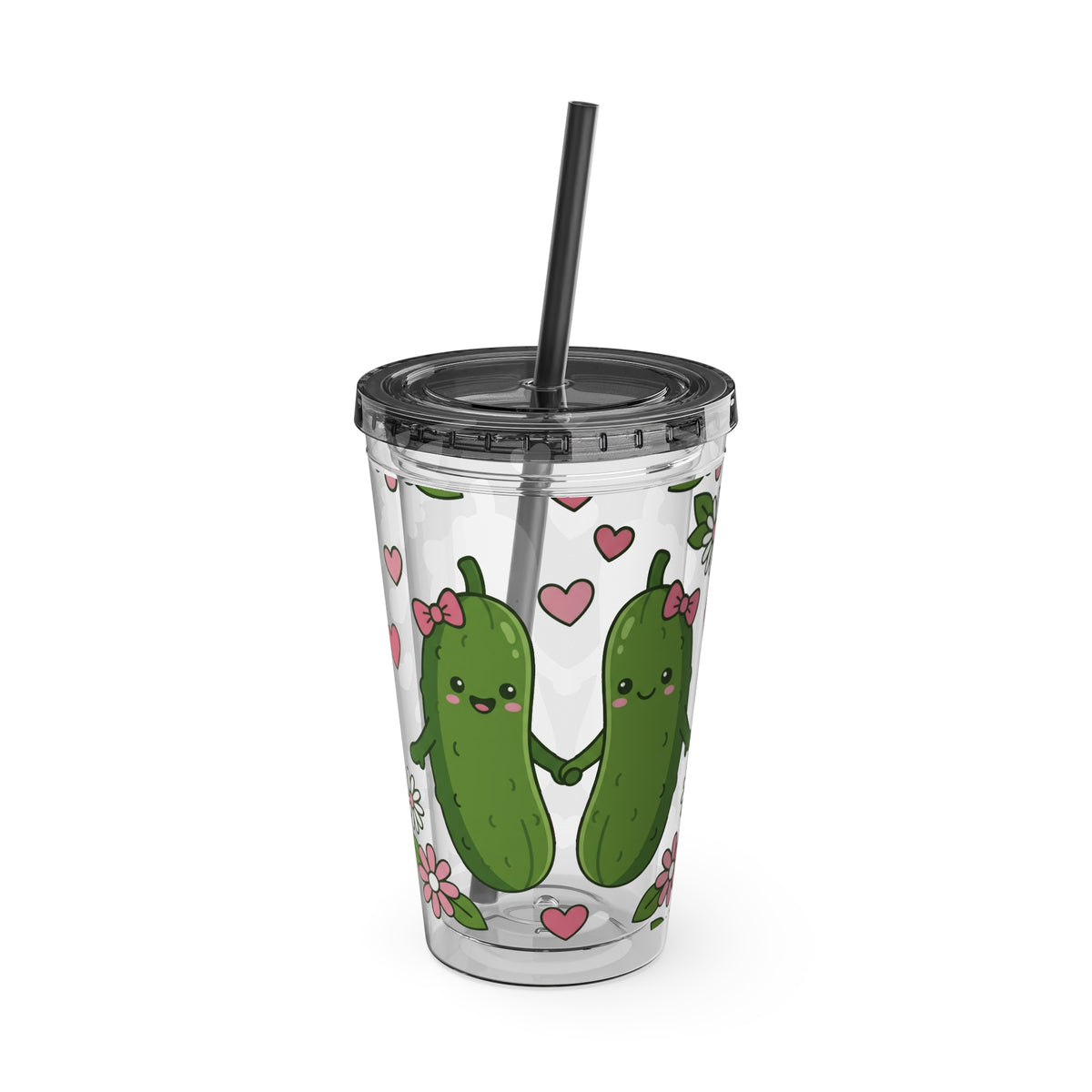 Full Wrap - Cute Pickle Love 16oz Tumbler with Straw — Floral Heart Kawaii Drink Cup