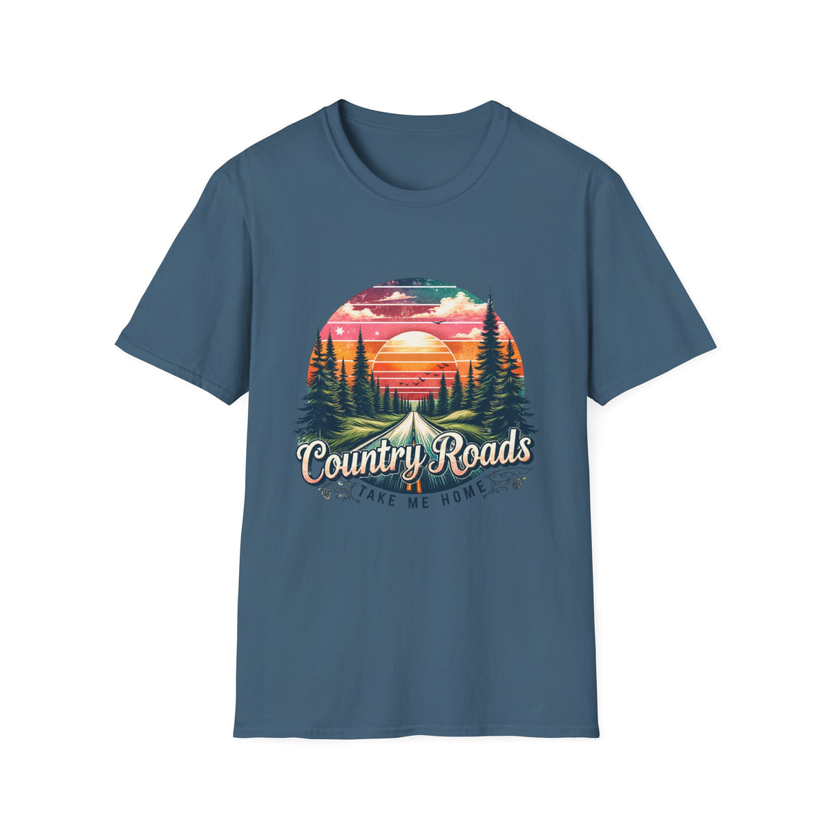 Country Roads Sunset T-Shirt — 'Country Roads Take Me Home' Retro Nature Tee