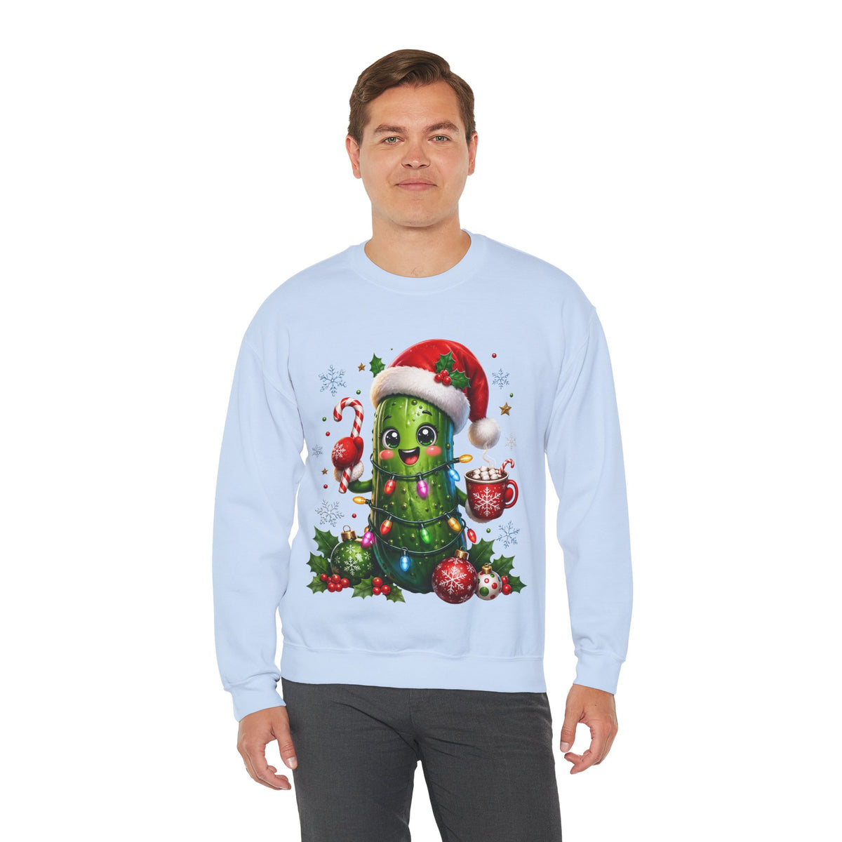 MD - Christmas Pickle Sweatshirt – Cute Holiday Pickle in Santa Hat with Candy Cane & Hot Cocoa