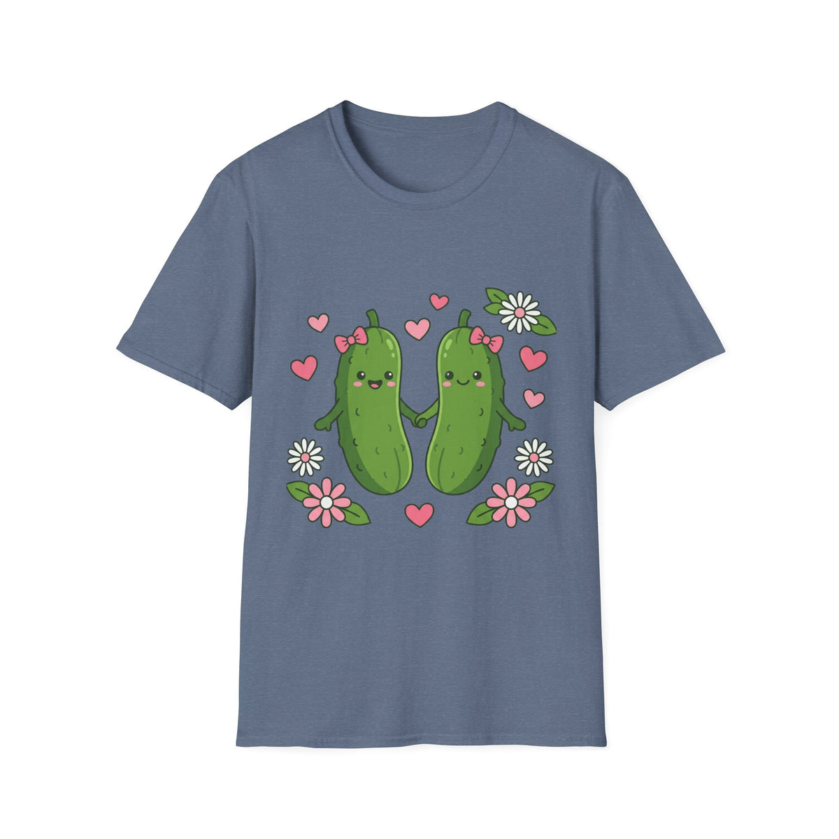 Cute Pickle Couple T-Shirt — Kawaii Matching Pickles with Hearts & Flowers