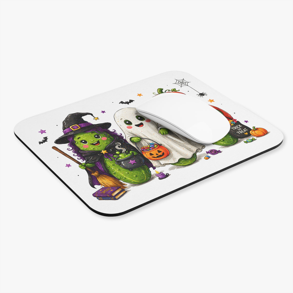 Halloween Pickle Trio Mouse Pad — Cute Witch, Ghost & Jack-o'-Lantern Design