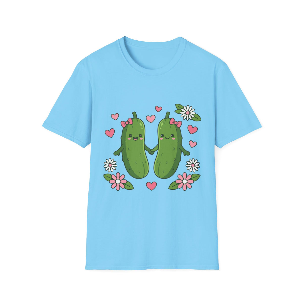Cute Pickle Couple T-Shirt — Kawaii Matching Pickles with Hearts & Flowers