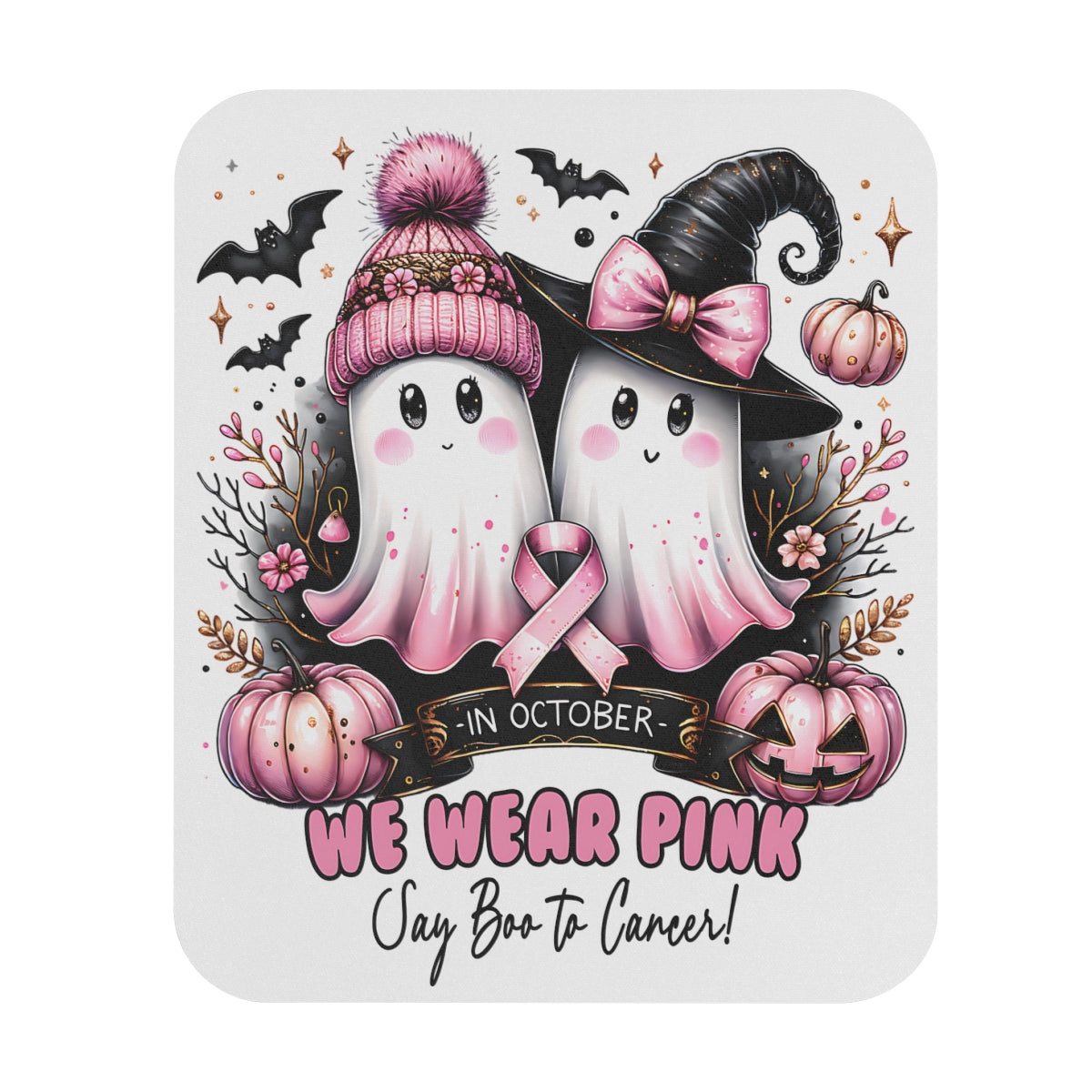 Pink Breast Cancer Awareness Halloween Ghost Mouse Pad — "We Wear Pink"