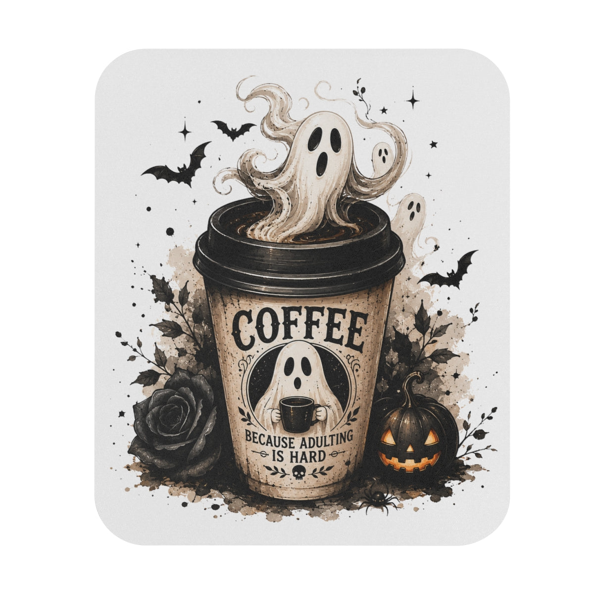Halloween Coffee Ghost Mouse Pad — Spooky Pumpkin & Gothic Desk Mat