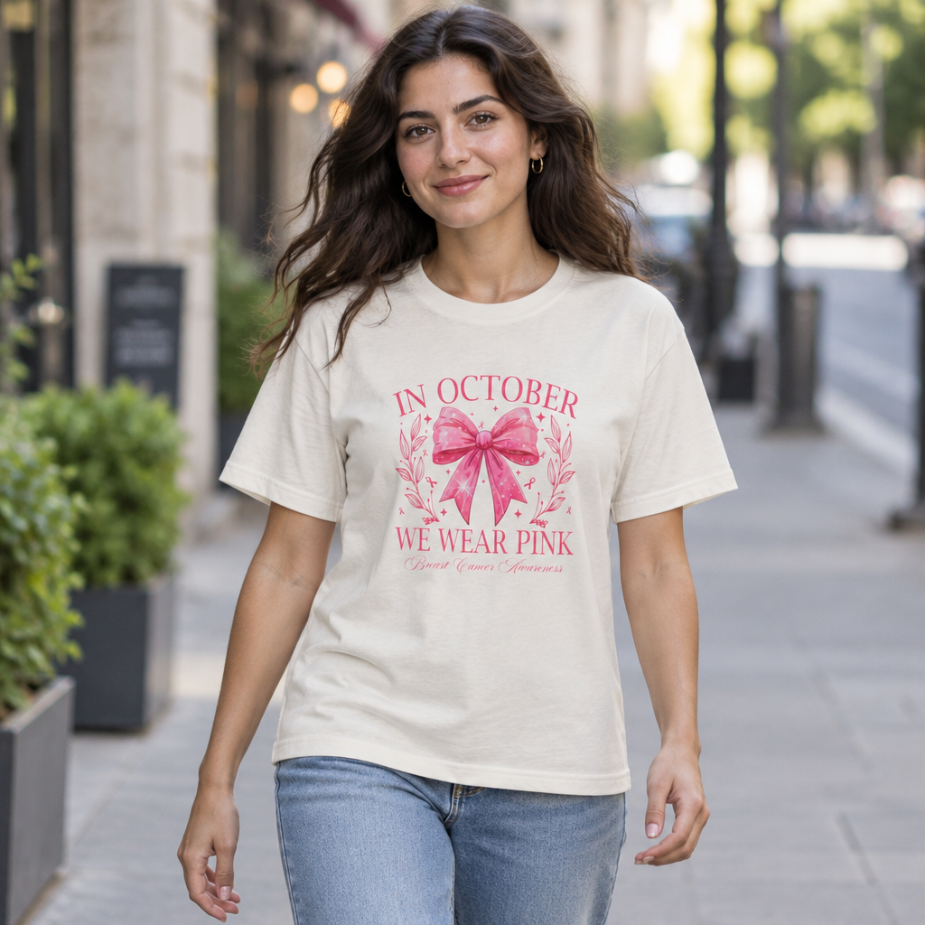 Breast Cancer Awareness Boxy Tee — "In October We Wear Pink" Pink Ribbon Shirt