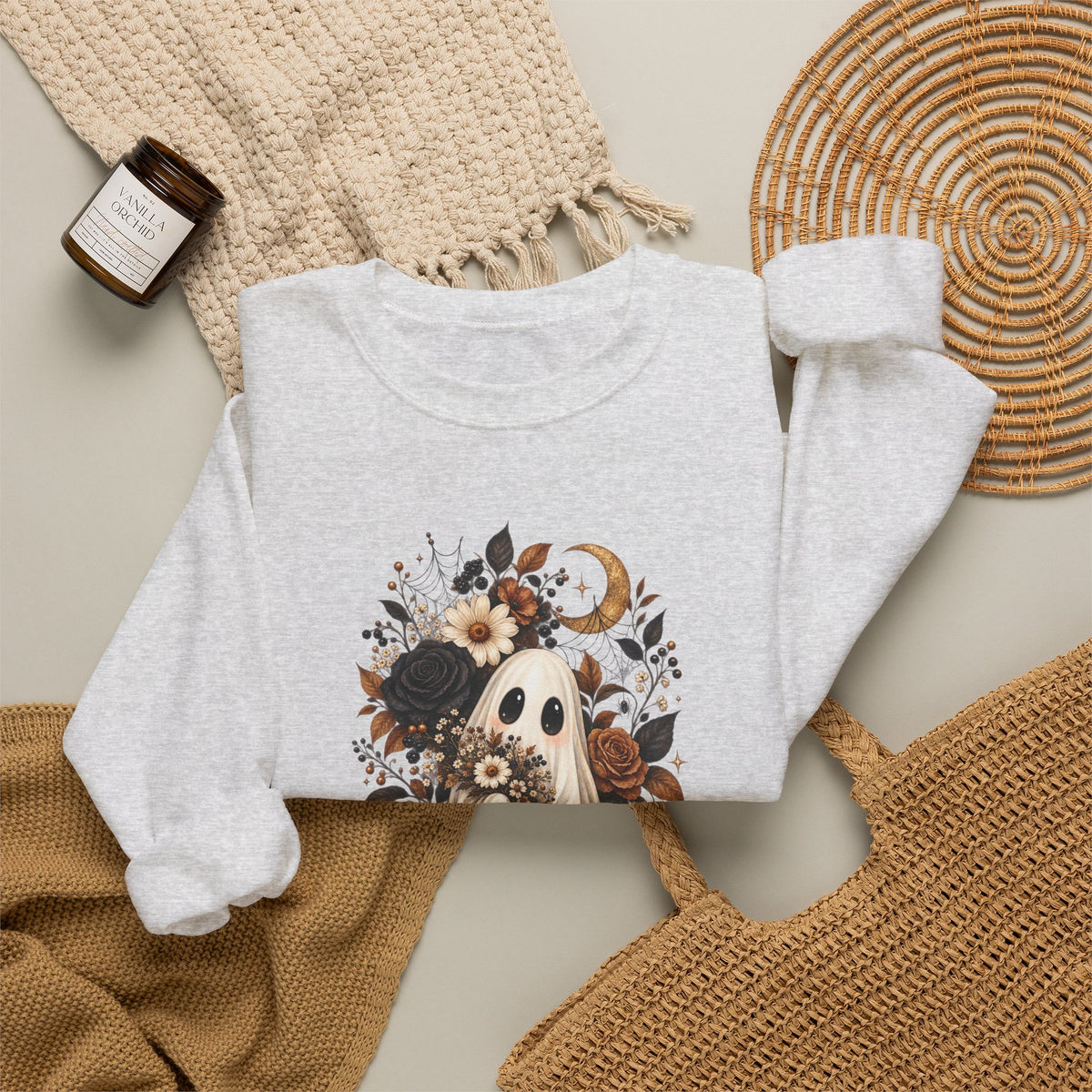 Ghost & Sunflower Crewneck Sweatshirt — Spooky Autumn Floral Pullover