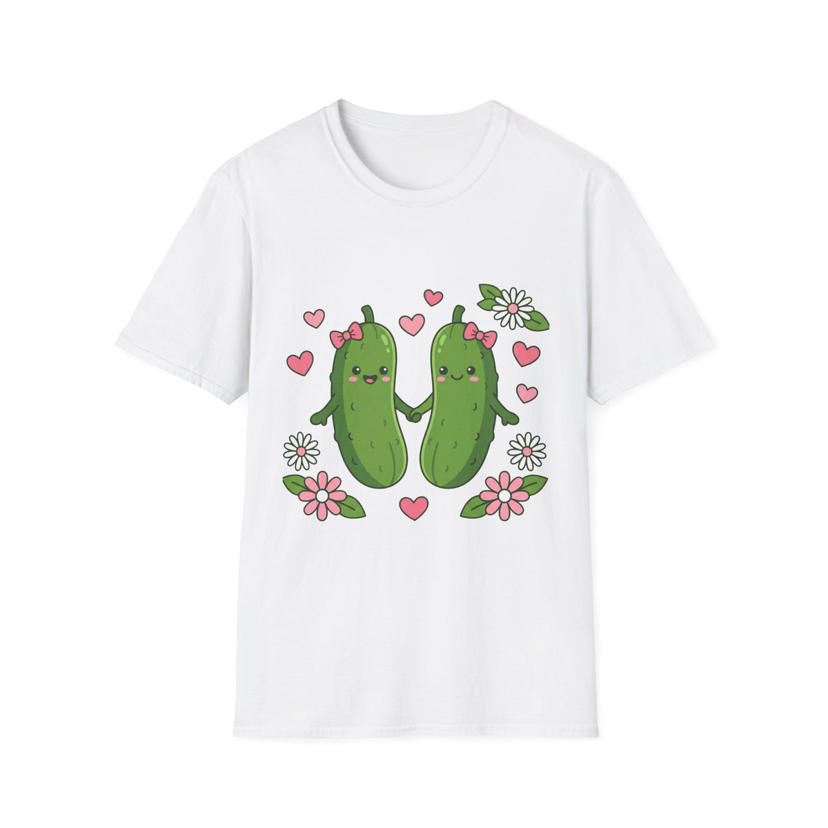 Cute Pickle Couple T-Shirt — Kawaii Matching Pickles with Hearts & Flowers