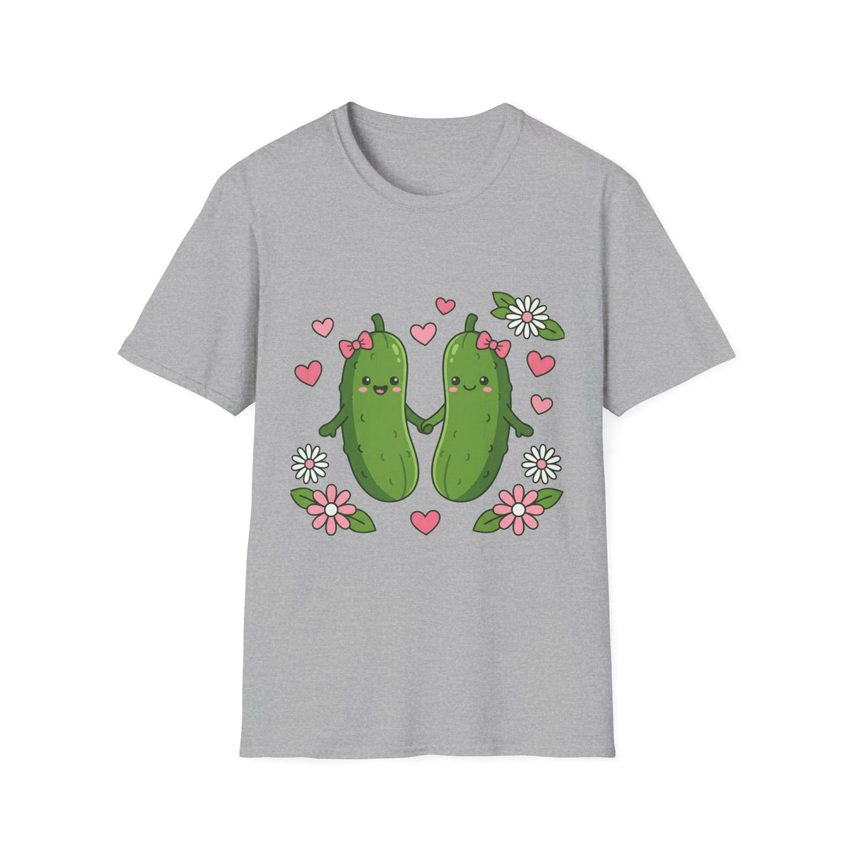 Cute Pickle Couple T-Shirt — Kawaii Matching Pickles with Hearts & Flowers