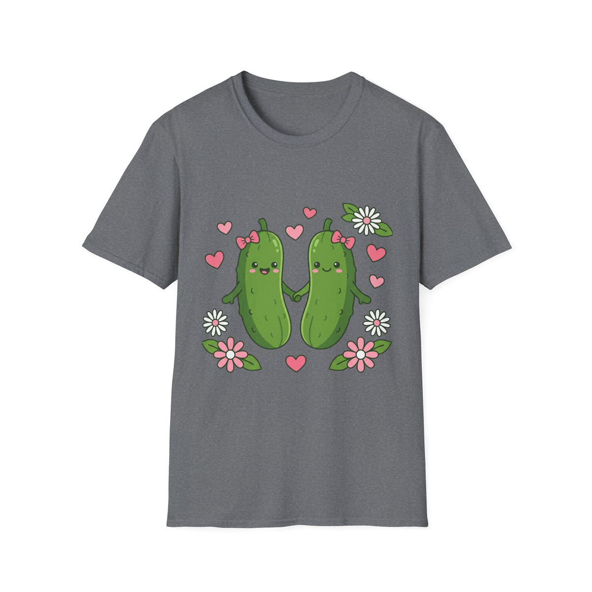 Cute Pickle Couple T-Shirt — Kawaii Matching Pickles with Hearts & Flowers