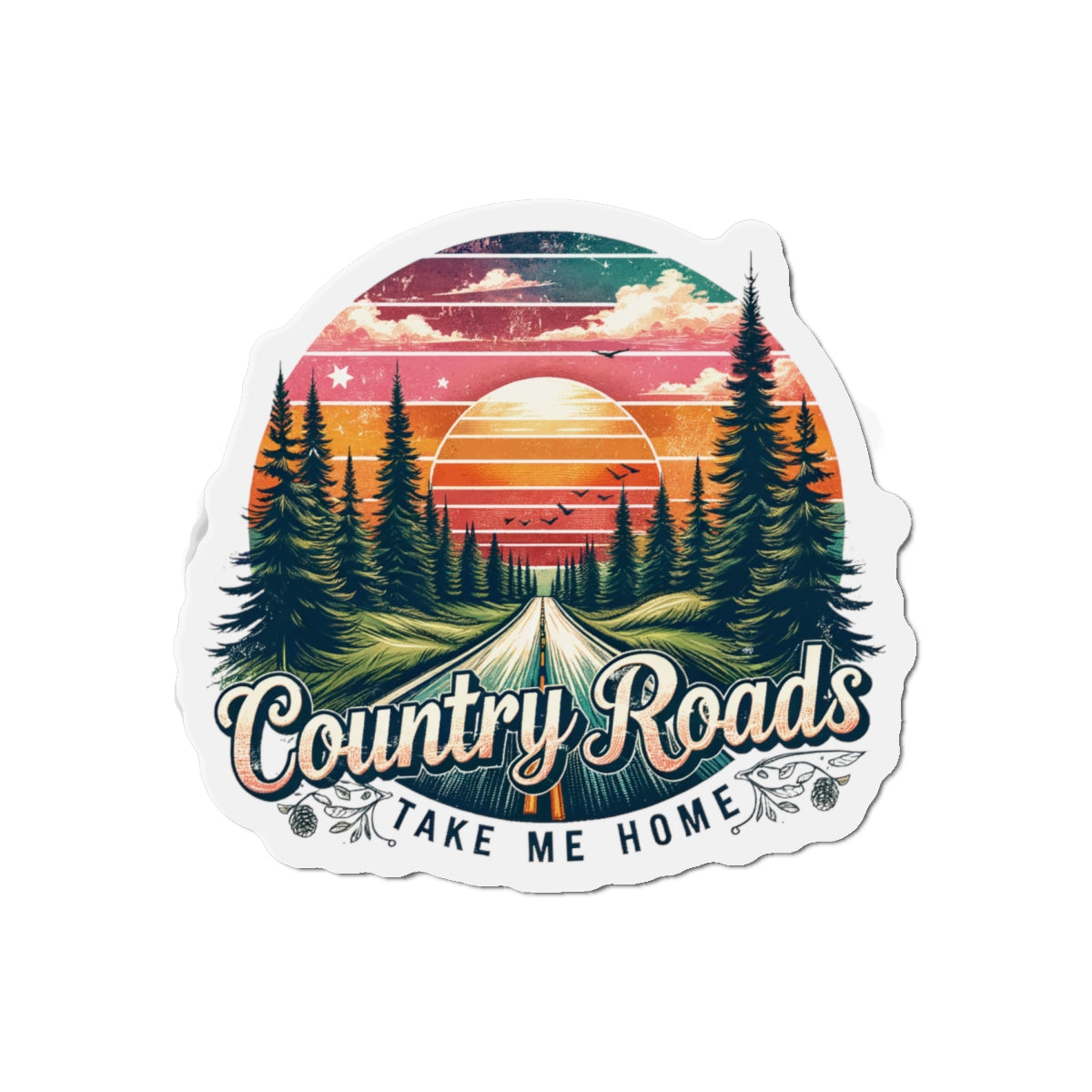 Country Roads Die-Cut Magnet — Vintage Sunset Forest Travel Sticker