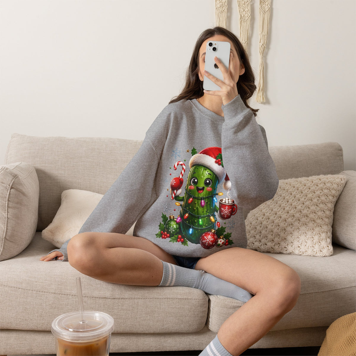 Christmas Pickle Sweatshirt – Cute Santa Hat Pickle with Candy Cane & Hot Cocoa