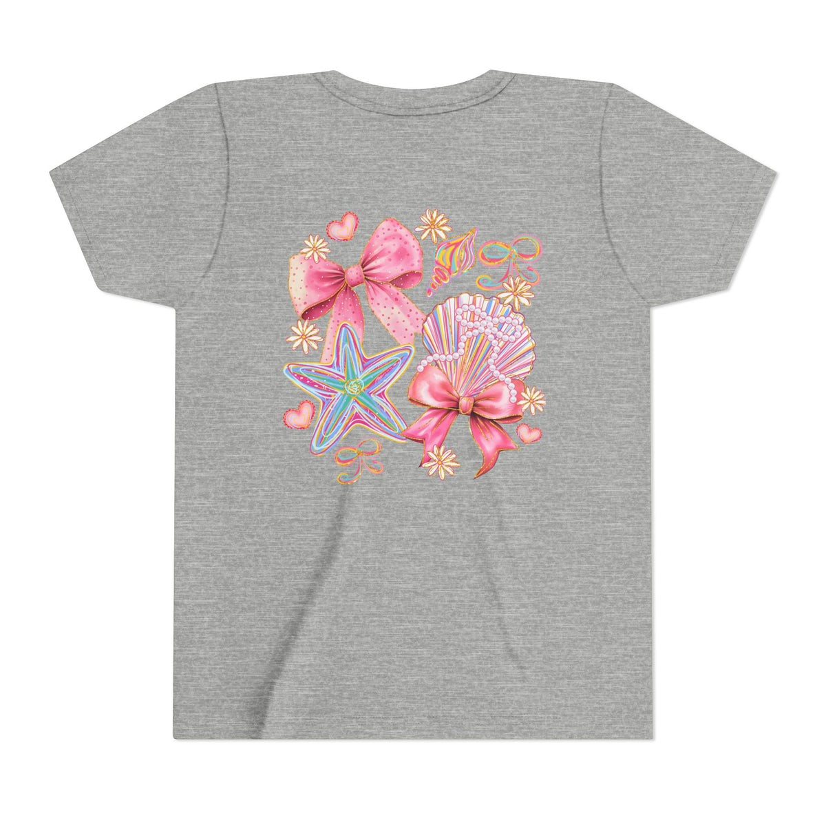 Kids Tee — Pink Seashell & Starfish Bow Graphic Shirt - Front and Back