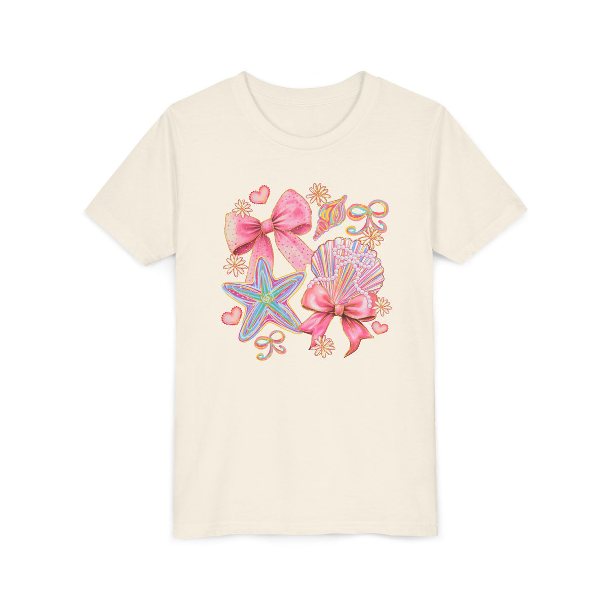 Kids Tee — Pink Seashells & Bows Beach Graphic