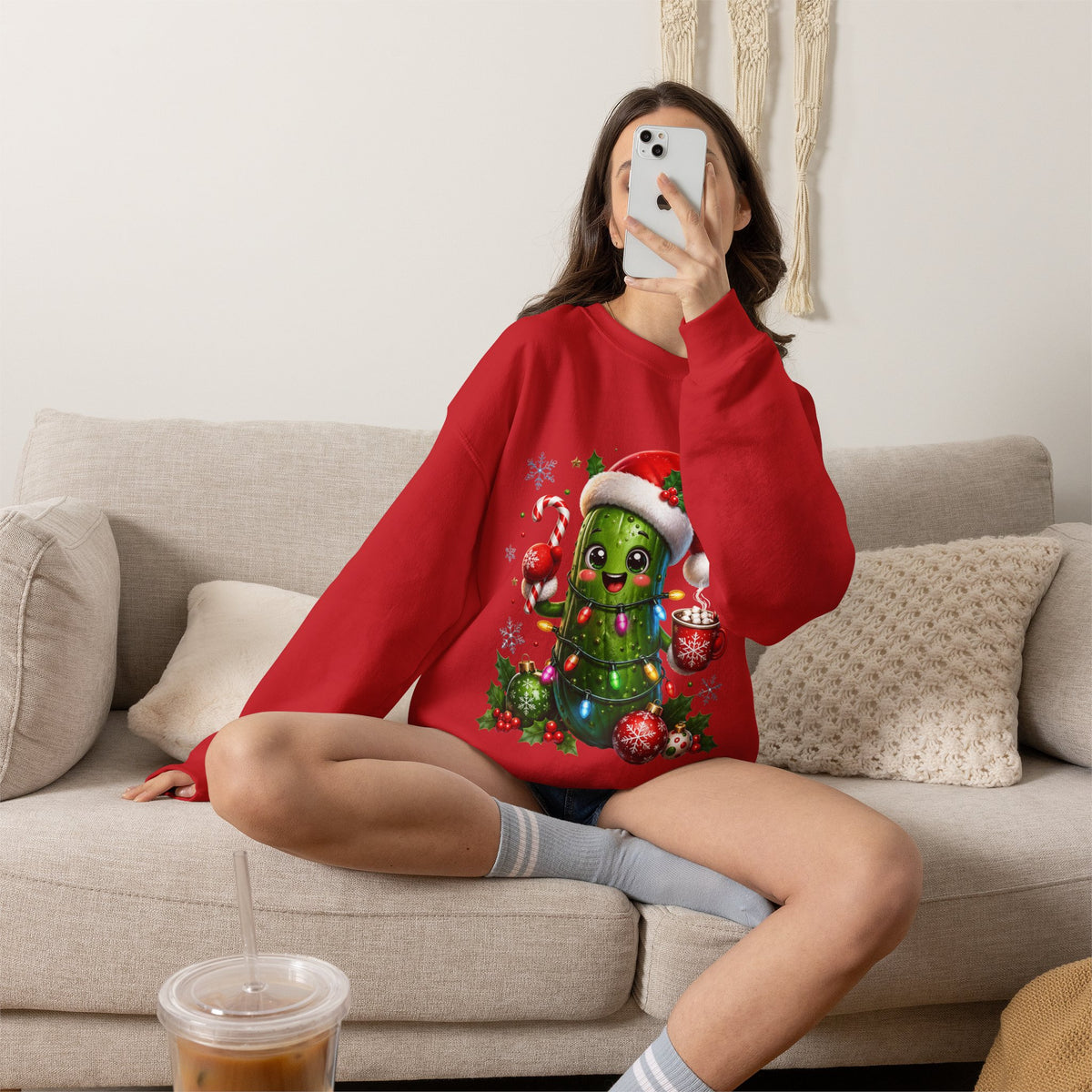 Christmas Pickle Sweatshirt – Cute Santa Hat Pickle with Candy Cane & Hot Cocoa