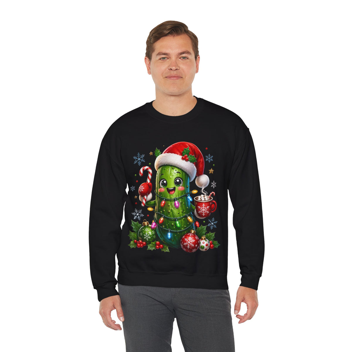 MD - Christmas Pickle Sweatshirt – Cute Holiday Pickle in Santa Hat with Candy Cane & Hot Cocoa