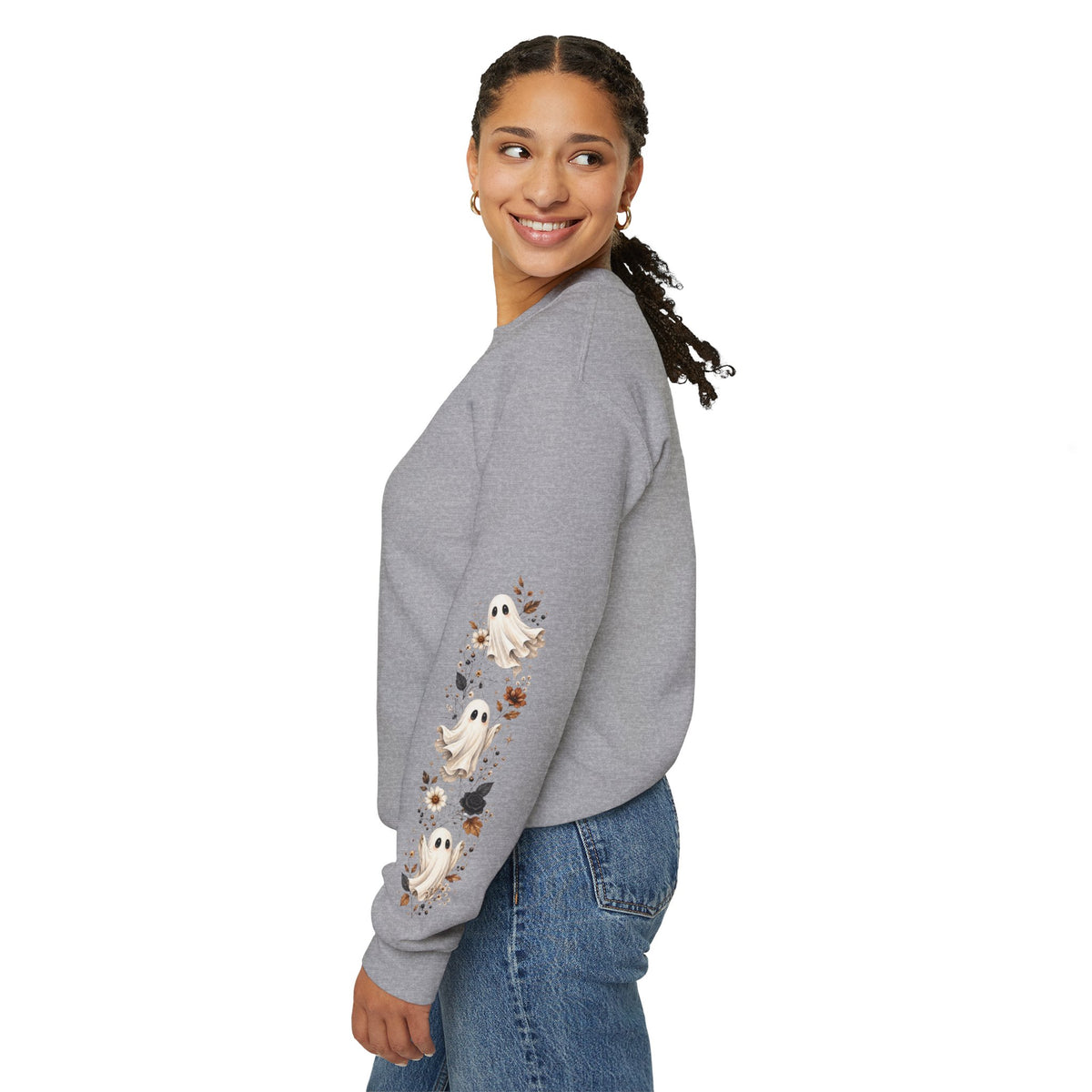 Ghost & Sunflower Crewneck Sweatshirt — Spooky Autumn Floral Pullover