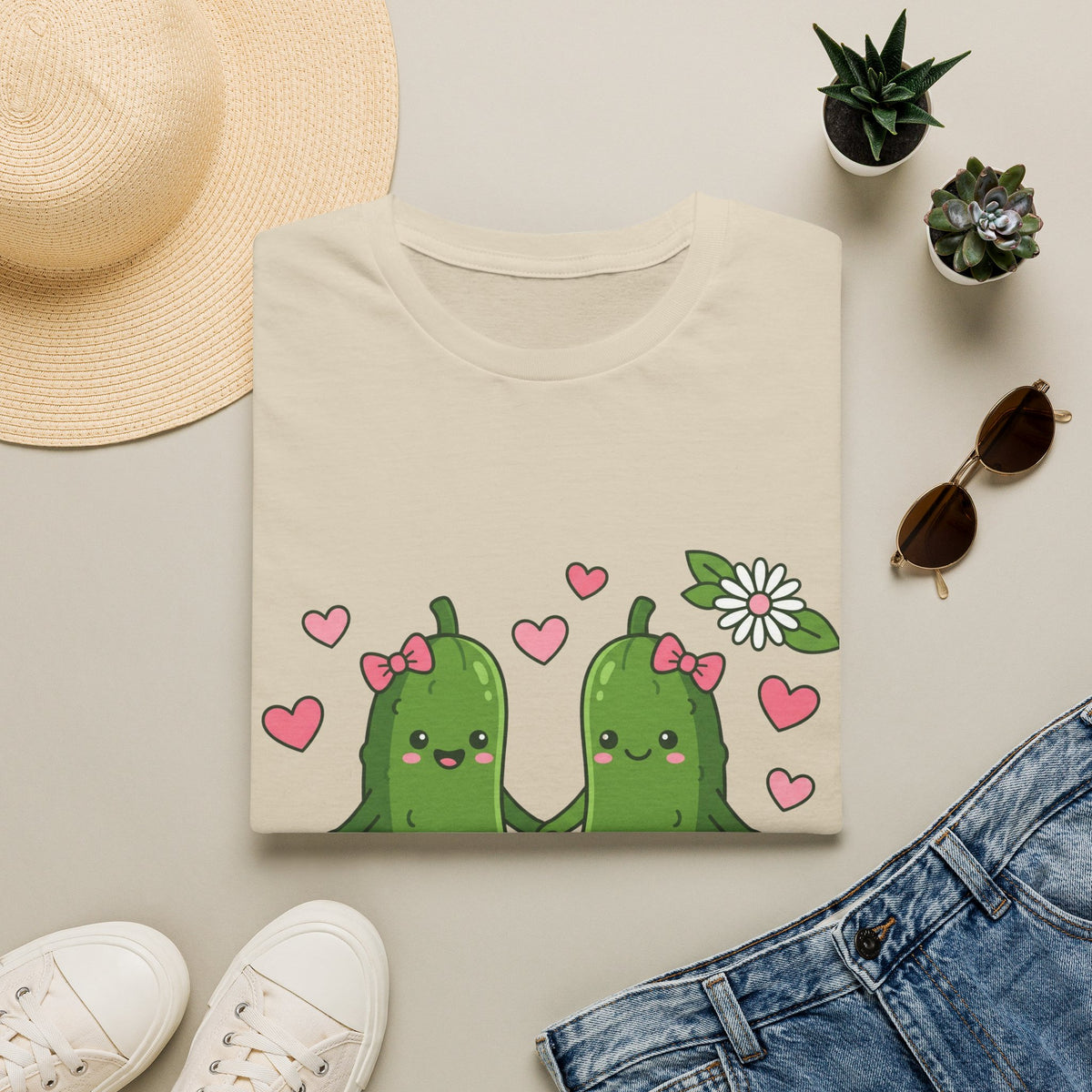 Cute Pickle Couple T-Shirt — Kawaii Matching Pickles with Hearts & Flowers