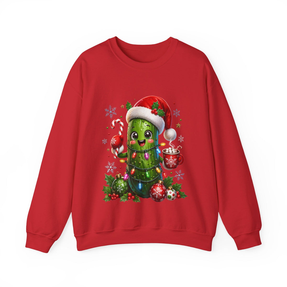 Christmas Pickle Sweatshirt – Cute Santa Hat Pickle with Candy Cane & Hot Cocoa