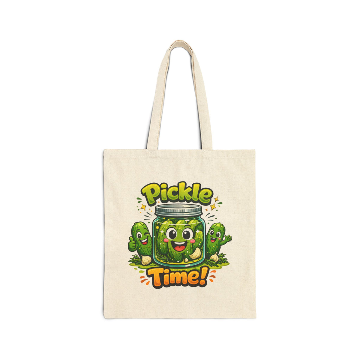 Tote Bag — Cute 'Pickle Time!' Cartoon Jar Canvas Tote (Funny Food Lover Gift)