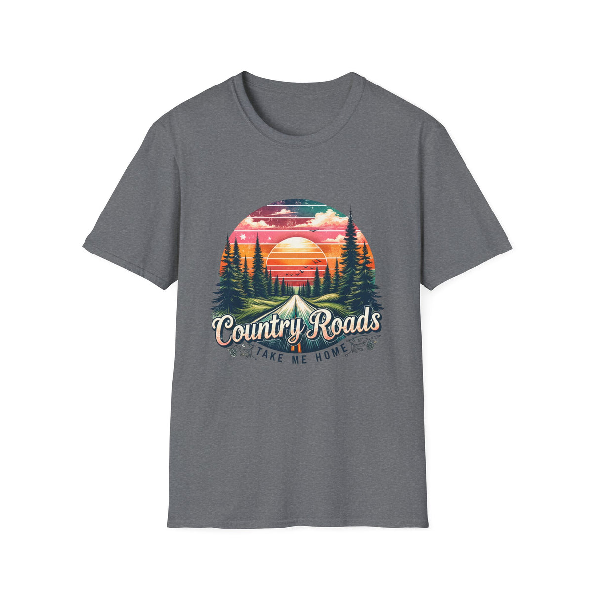 Country Roads Sunset T-Shirt — 'Country Roads Take Me Home' Retro Nature Tee