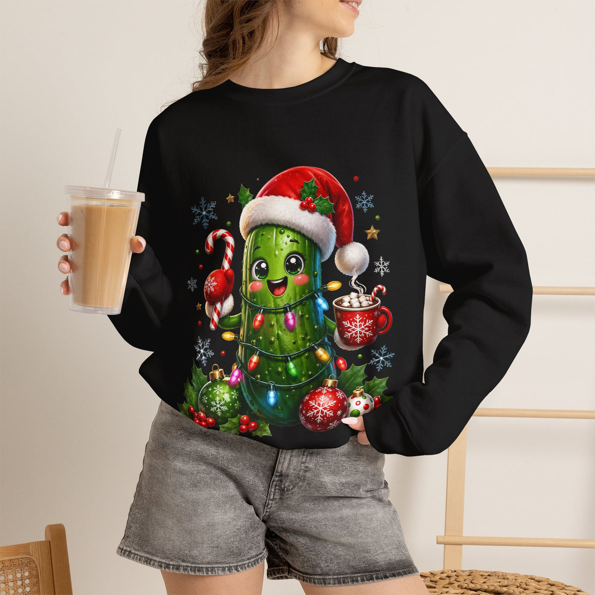Christmas Pickle Sweatshirt – Cute Santa Hat Pickle with Candy Cane & Hot Cocoa