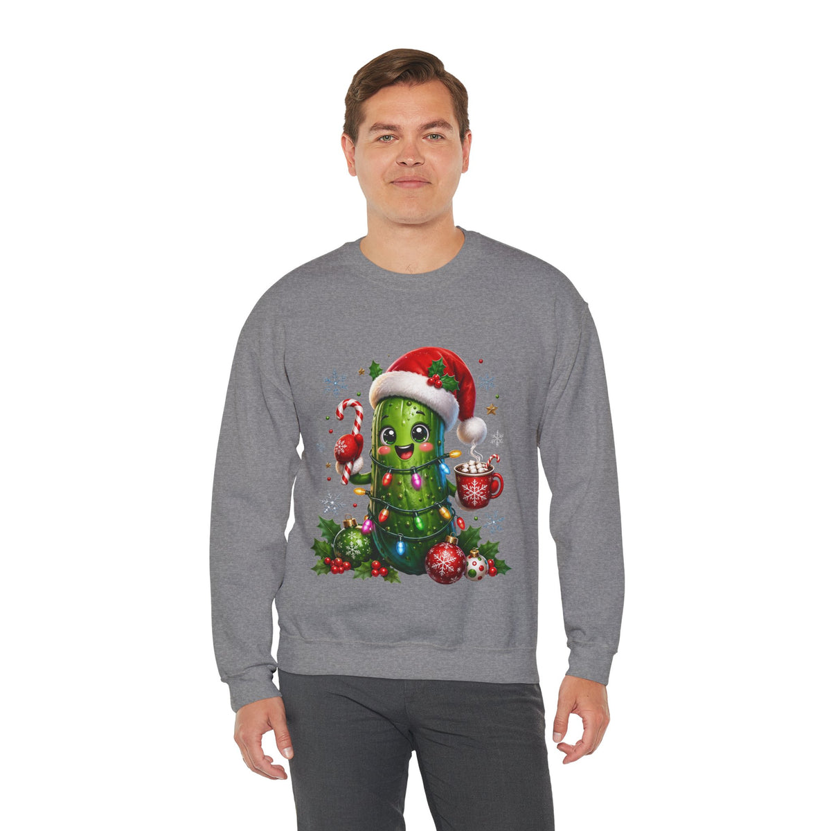 Christmas Pickle Sweatshirt – Cute Santa Hat Pickle with Candy Cane & Hot Cocoa