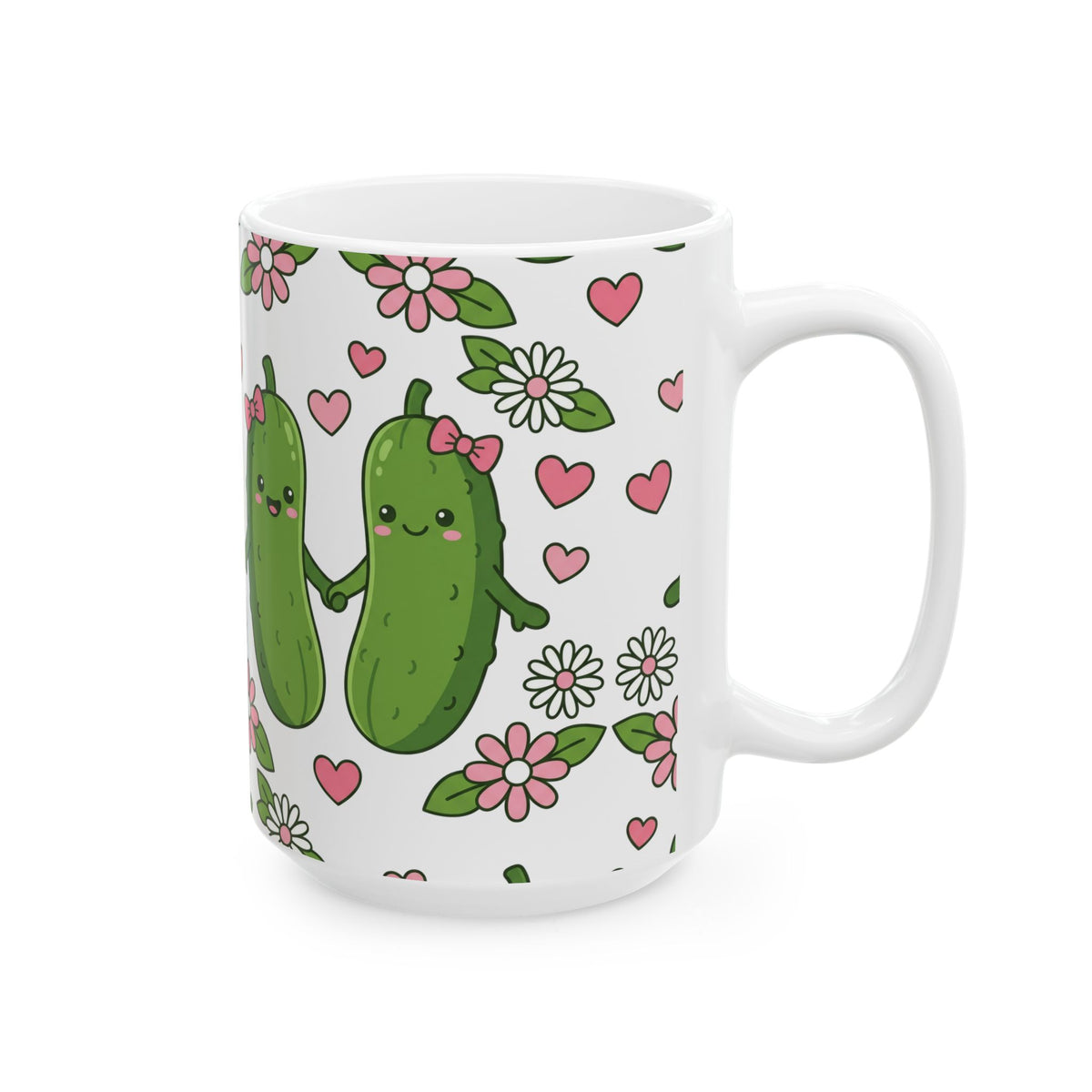 Cute Pickle Couple Mug — Kawaii Pickles with Hearts & Flowers (11oz/15oz)