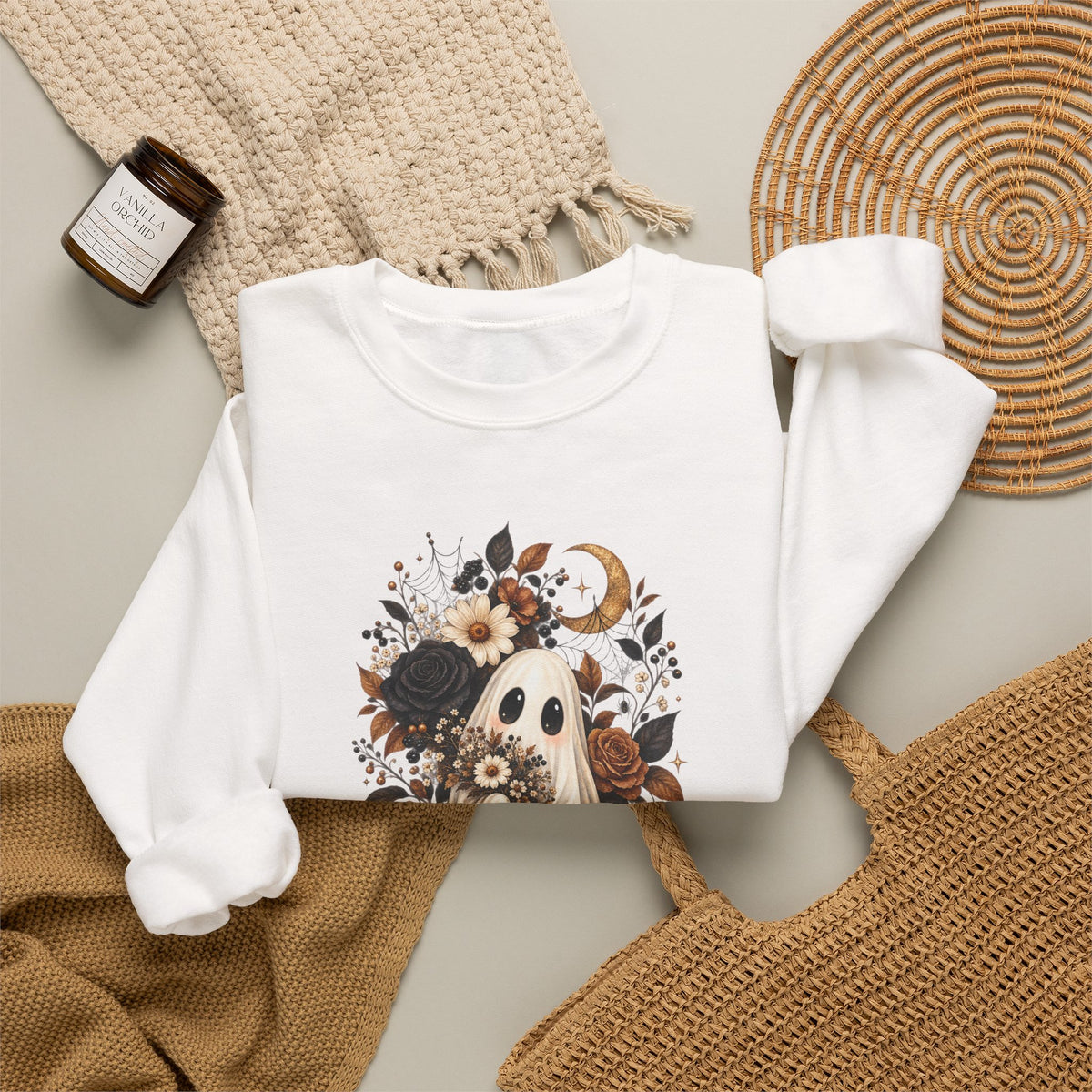 Ghost & Sunflower Crewneck Sweatshirt — Spooky Autumn Floral Pullover