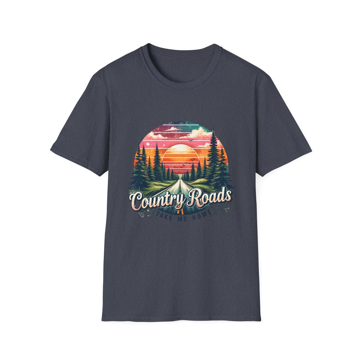 Country Roads Sunset T-Shirt — 'Country Roads Take Me Home' Retro Nature Tee