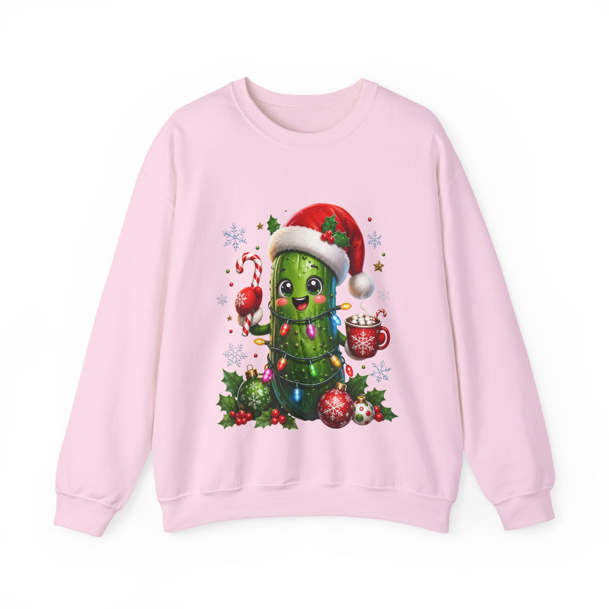 Christmas Pickle Sweatshirt – Cute Santa Hat Pickle with Candy Cane & Hot Cocoa