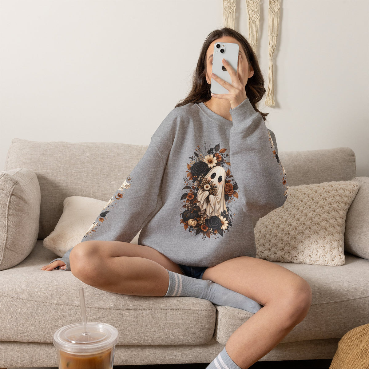 Ghost & Sunflower Crewneck Sweatshirt — Spooky Autumn Floral Pullover