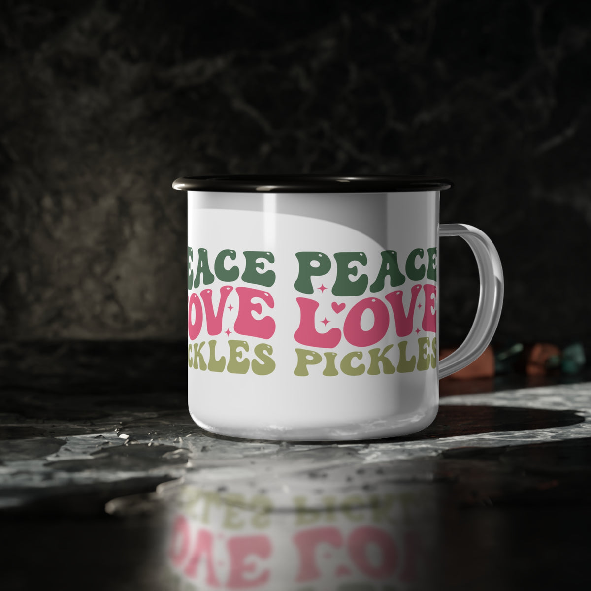 Enamel Camp Cup — 'Peace Love Pickles' Retro Camping Mug