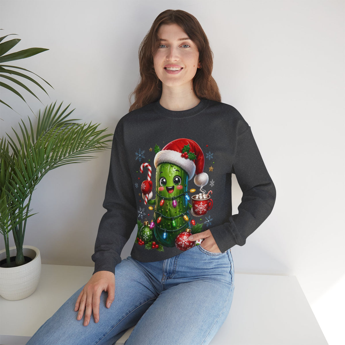 MD - Christmas Pickle Sweatshirt – Cute Holiday Pickle in Santa Hat with Candy Cane & Hot Cocoa