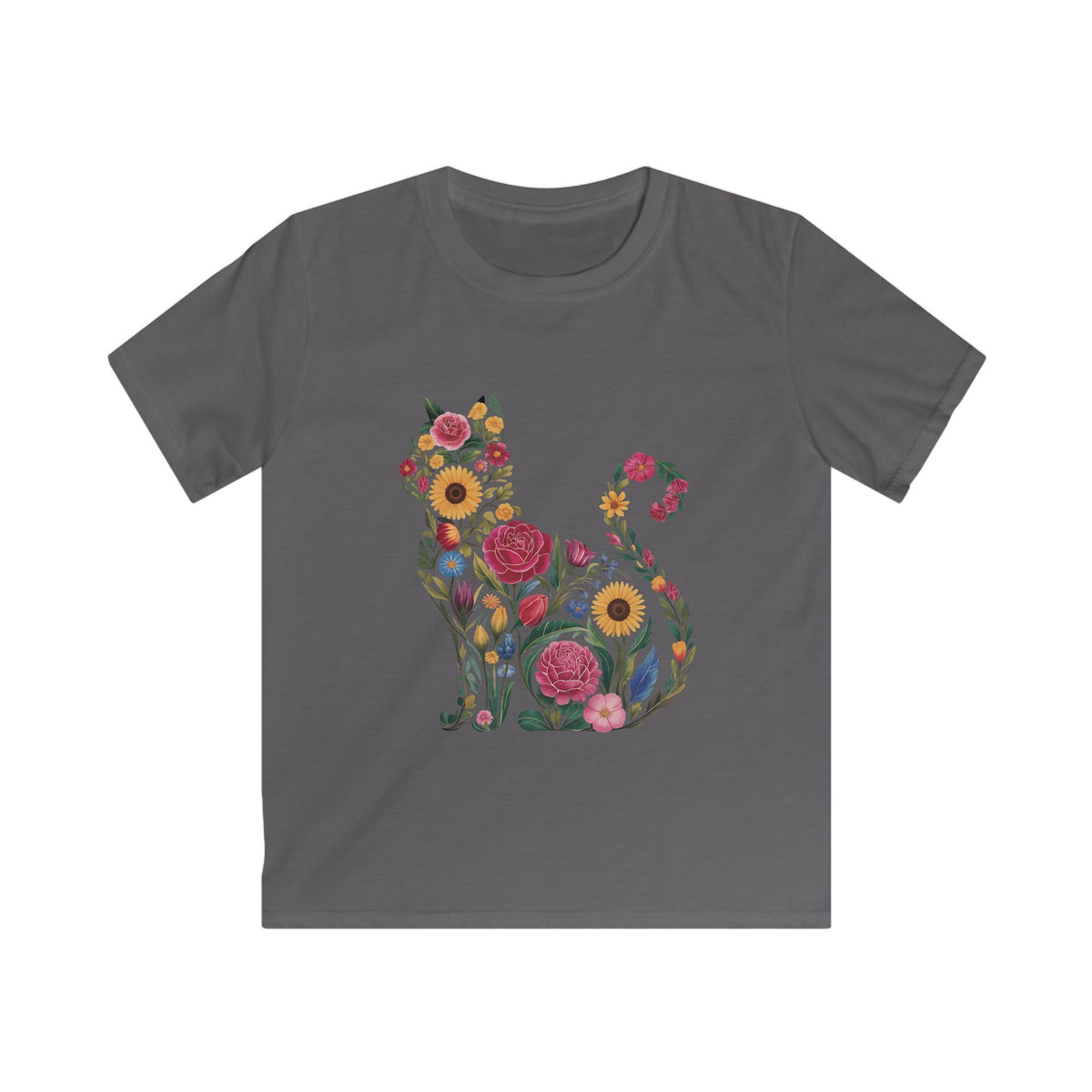 Kids Tee - Cute Botanical Floral Kitten Tee for Girls & Boys