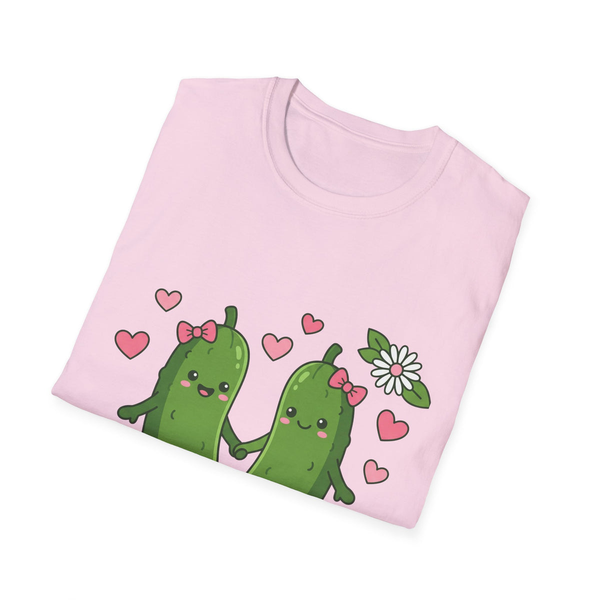 Cute Pickle Couple T-Shirt — Kawaii Matching Pickles with Hearts & Flowers