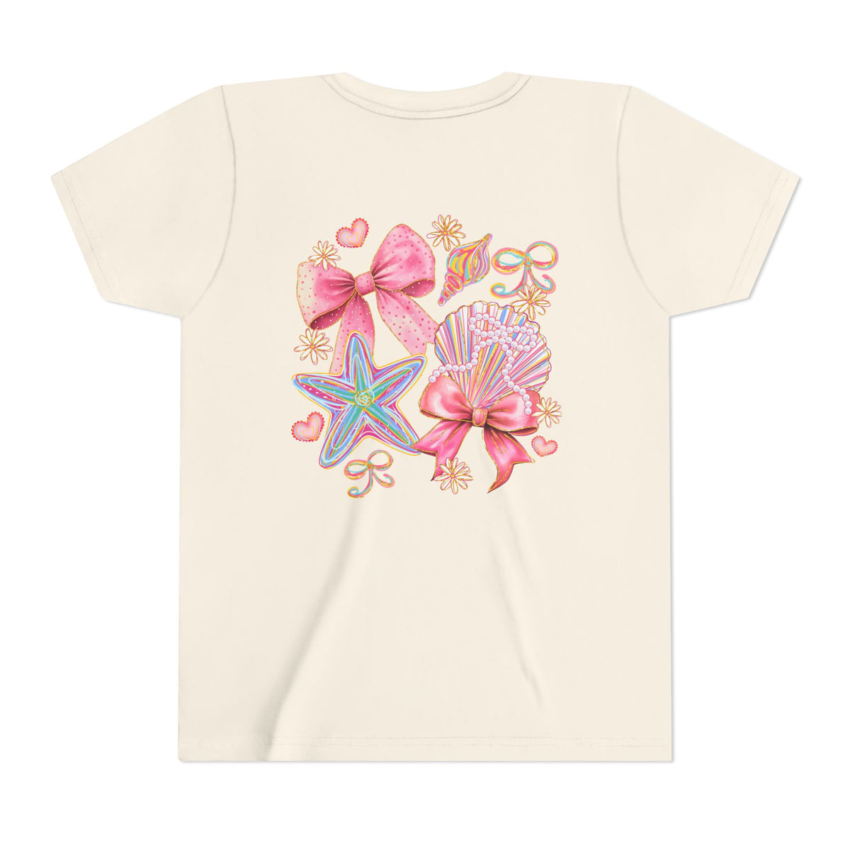 Kids Tee — Pink Seashell & Starfish Bow Graphic Shirt - Front and Back